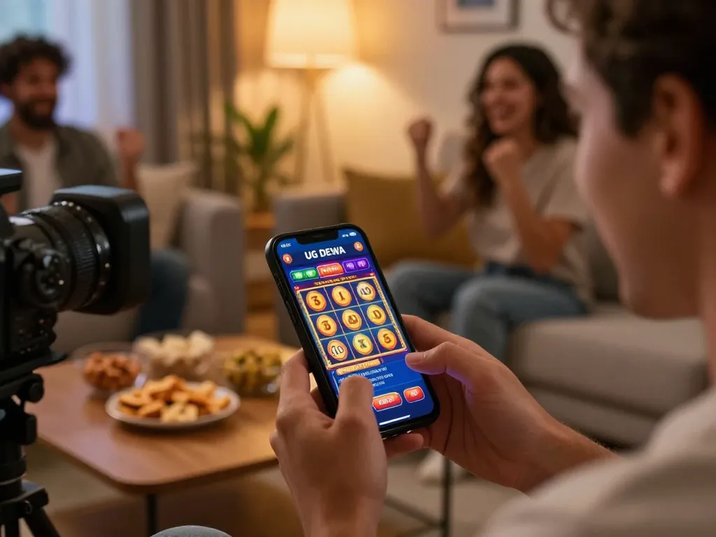 Enjoying a winning moment on UG DEWA mobile app with friends celebrating at home.