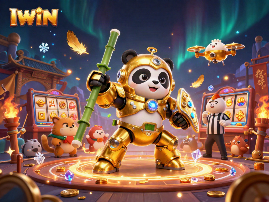 IWIN presents an electrifying online casino scene showcasing a golden panda battling amidst rich gaming excitement.