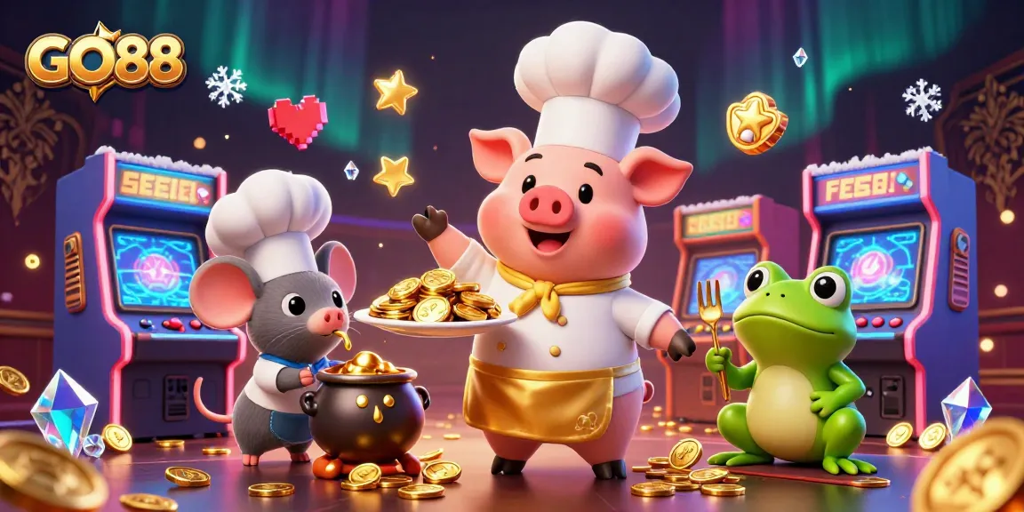 Experience GO88's vibrant casino atmosphere with gold coins, 3D characters, and gaming excitement.