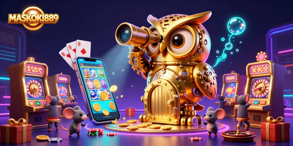 Experience the thrills of slot games with MASKOKI889 showcasing a massive clockwork owl and vibrant casino elements.