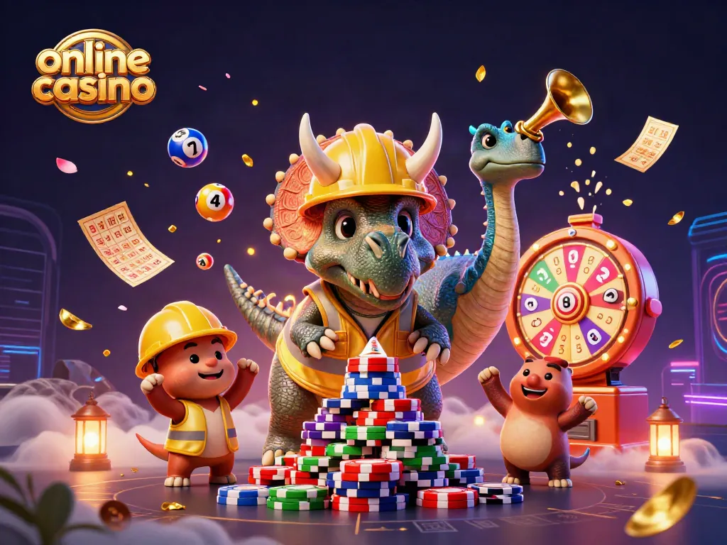 Juego emocionante en un casino en línea con un triceratops celebrando y fichas de póker.