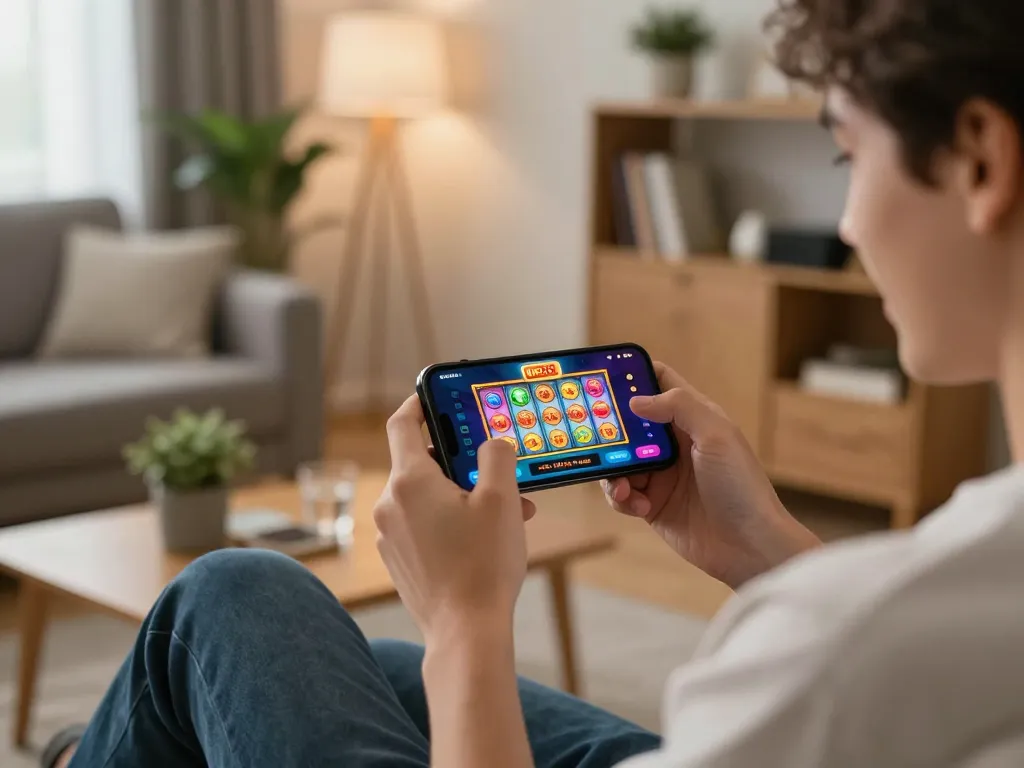 Engaging moment of a player using the mantra88 app for mobile gambling, showcasing exciting slot game gameplay.