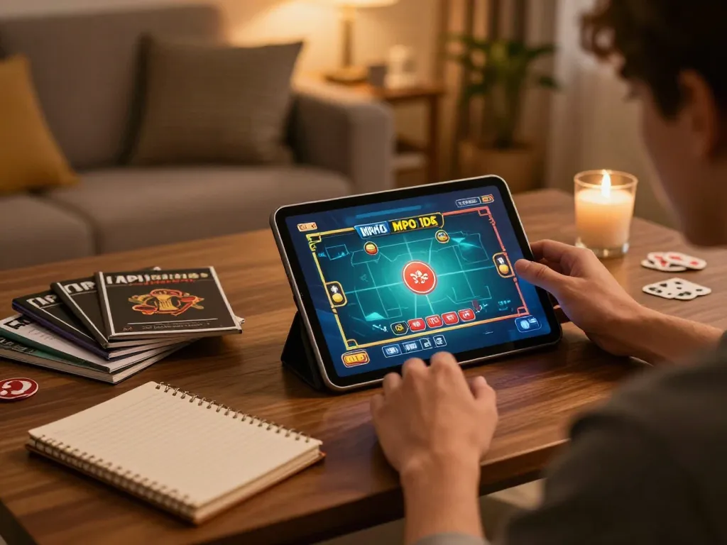 Engaged player enjoying MPO ID online casino game on tablet in a cozy living room.