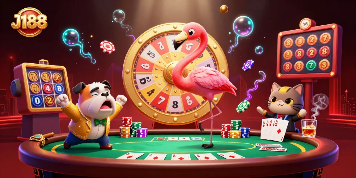 Experience thrilling gameplay at J188 with a vibrant casino scene featuring poker tables and prize games.