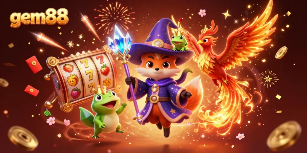 Engage with gem88's interactive gaming world featuring vibrant characters and slot games.
