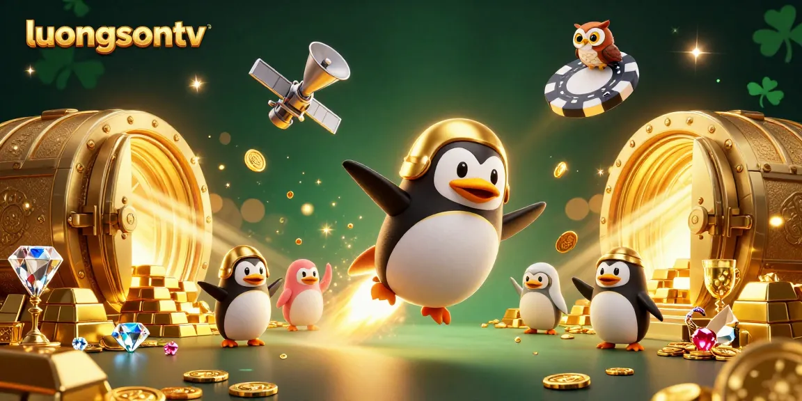 Experience thrilling gambling action on luongsontv with a vibrant cosmic casino scene featuring a golden penguin.