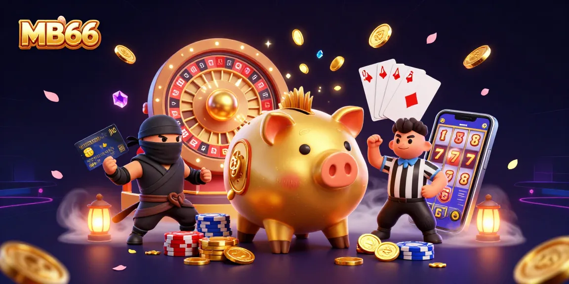 Engage with MB66, featuring a golden piggy bank sumo wrestler and a wallet ninja in vibrant casino action.