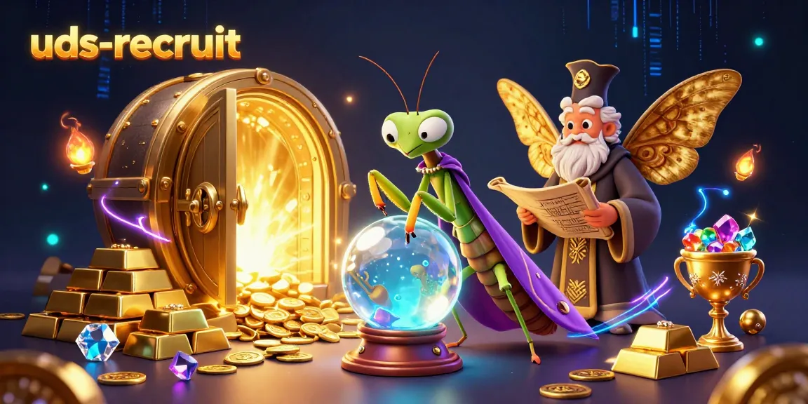 Engage with uds-recruit's vibrant fantasy scene showcasing a praying mantis fortune teller and moth librarian amid sparkling casino treasures.