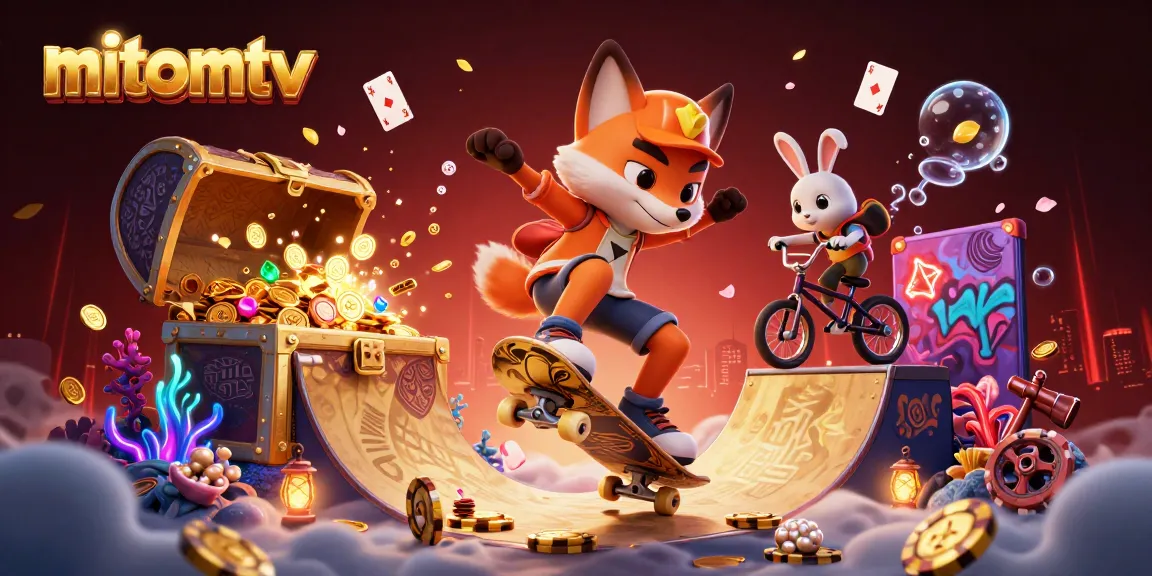 Experience the excitement of mitomtv with a captivating 3D illustration showcasing a skateboarder fox and companion amidst vibrant casino elements.