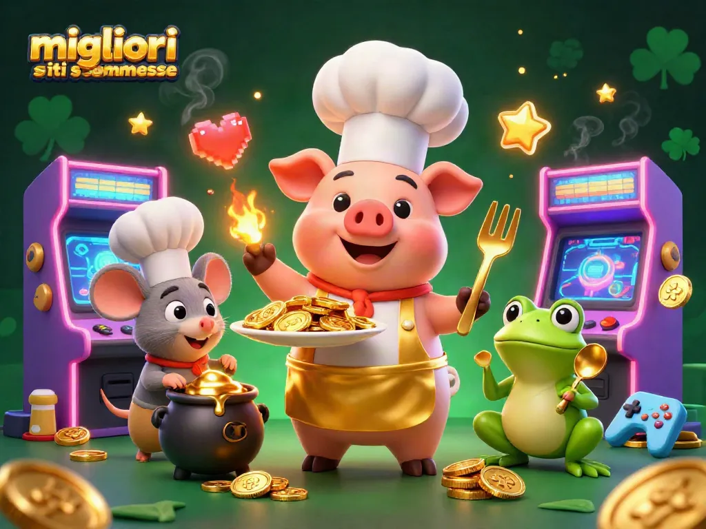 Scopri le migliori scommesse con un chef di maiale che serve monete dorate in un'illustrazione vivace.