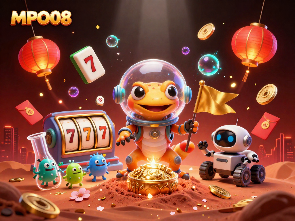 MPO08 showcases a vibrant scene with a Martian gecko exploring a golden casino amidst dynamic gambling elements.