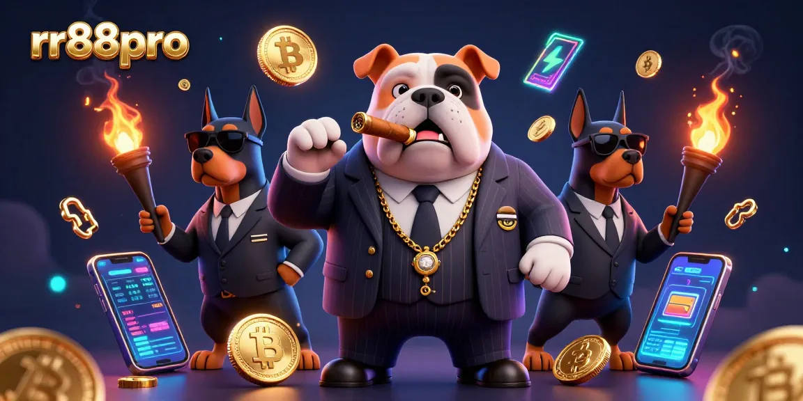 Engage with rr88pro as the mafia boss bulldog and bodyguards command the online casino scene filled with vibrant crypto elements.