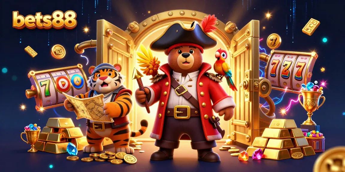 Experience thrilling games at bets88 with a vibrant casino scene featuring treasure and excitement.