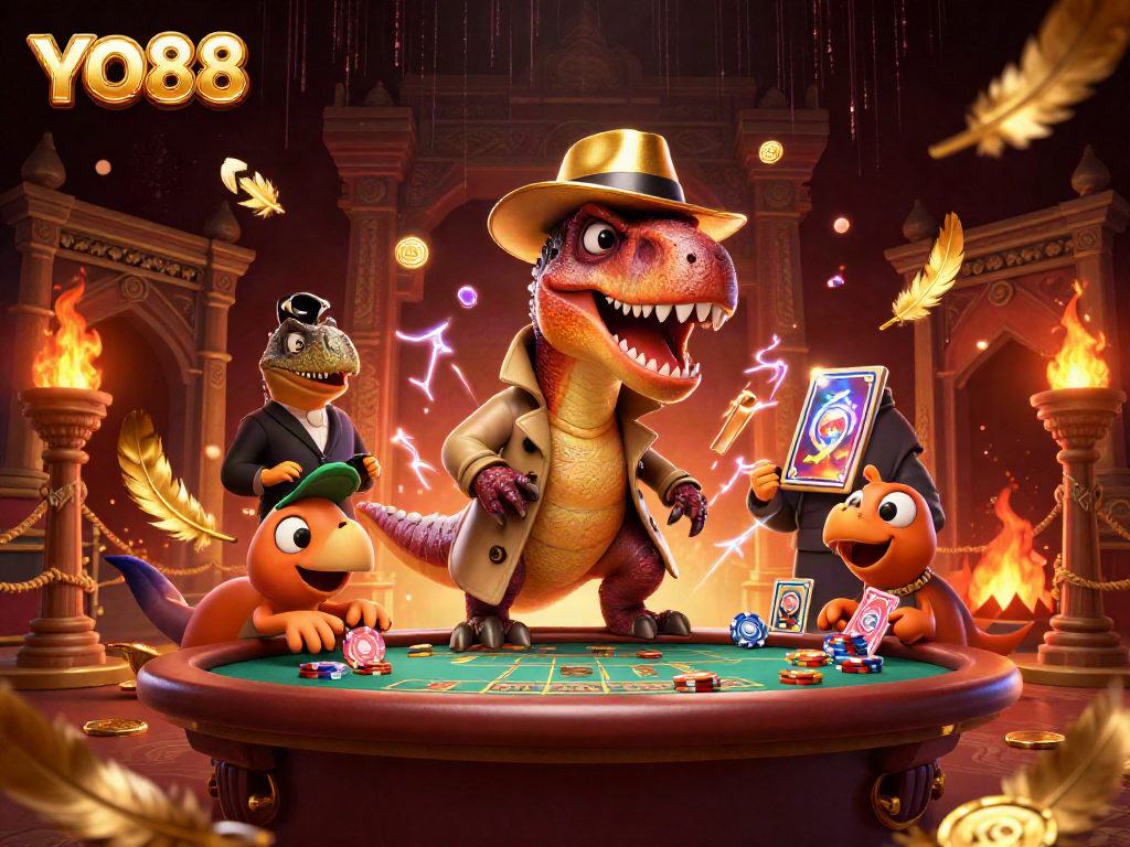 YO88 cartoon velociraptor engaging in blackjack amidst a lively casino atmosphere with a stegosaurus pit boss.