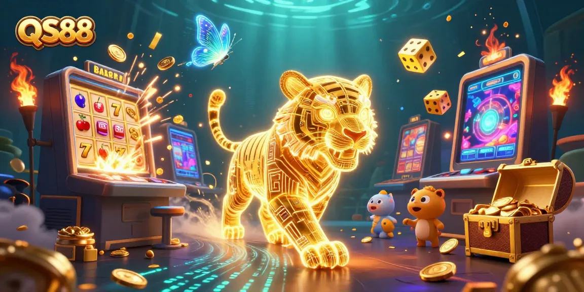 Experience the vibrant QS88 online casino atmosphere with neon elements, slot machine, and winning moments.