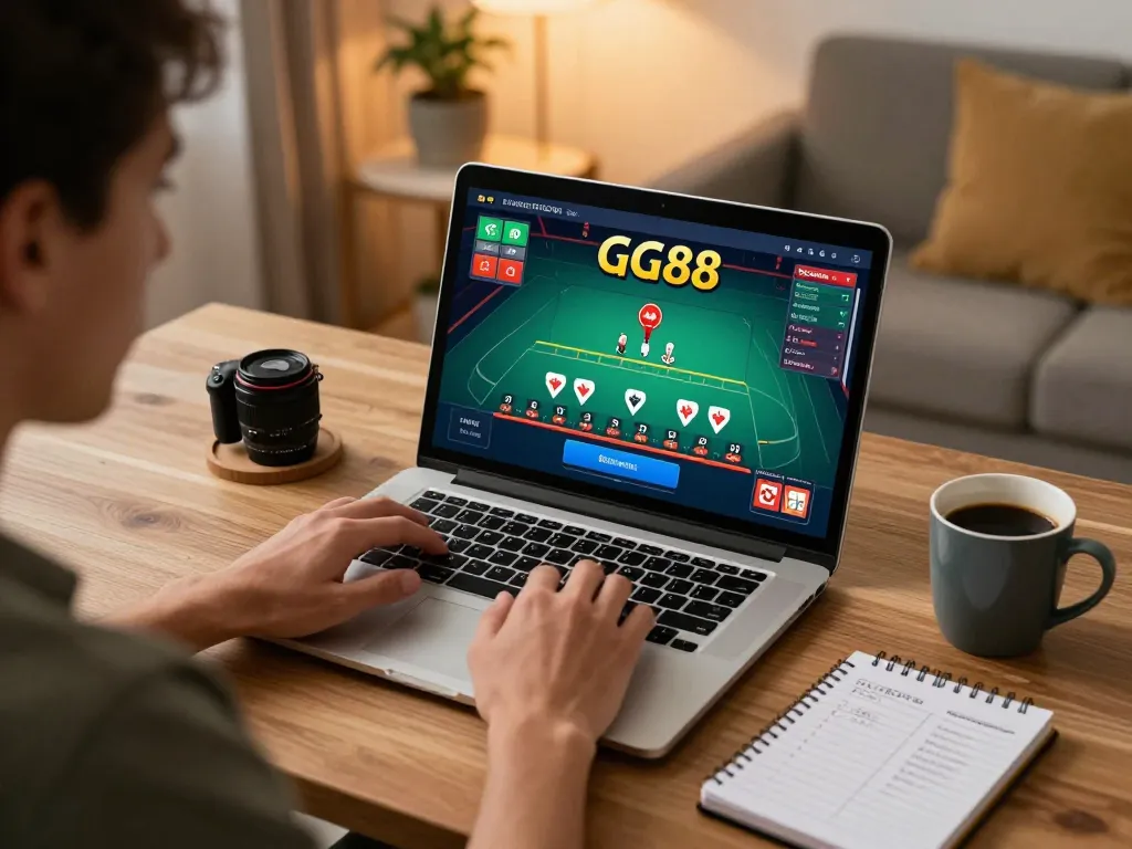 Engaged player enjoying GG88 online gaming with strategic notes and warm ambiance.