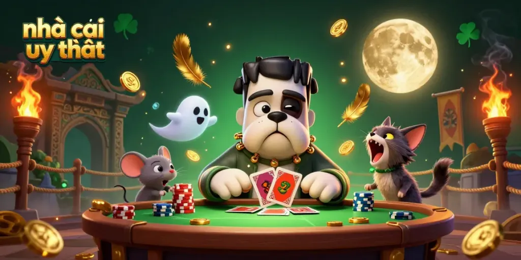 Engaging scene at a casino with a Frankenstein bulldog monster dealing cards, showcasing the nhà cái uy tín concept.