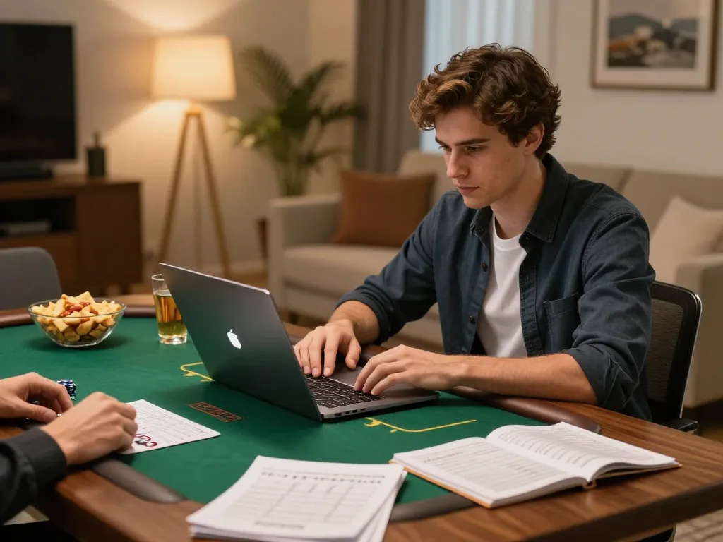 Engaged player enjoying online poker on QQ88 platform with strategy notes nearby.