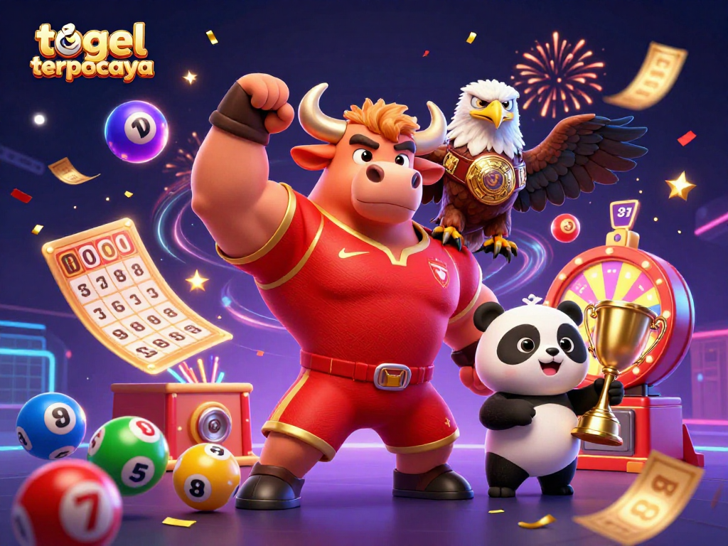 Experience the thrill of togel terpercaya with joyful characters and dynamic lottery elements in an exciting scene.