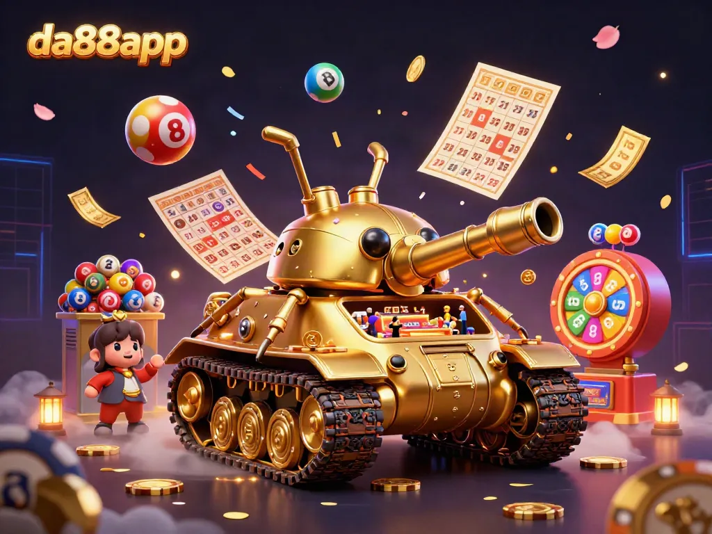 Experience the da88app excitement with a vibrant 3D casino scene filled with animated lottery balls and a golden beetle tank.