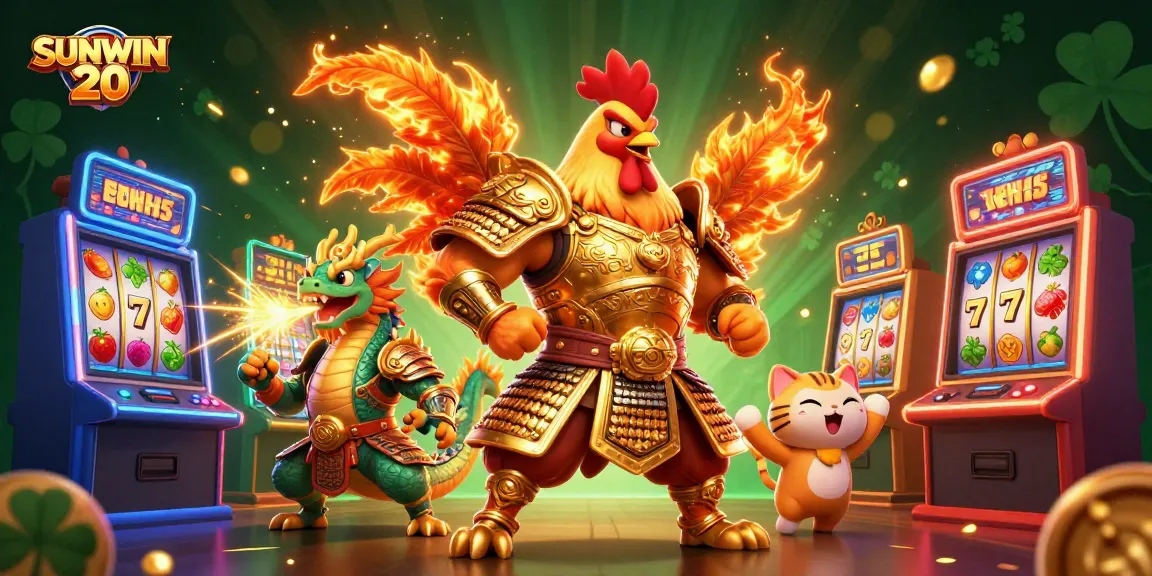 Play thrilling casino games with SUNWIN 20, featuring a cartoon rooster warrior and dragon in a vibrant digital scene.