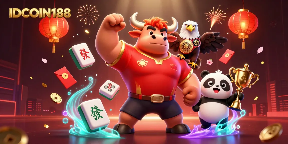 IDCOIN188 showcases a victory scene with a bull, eagle, and panda surrounded by festive gambling elements.