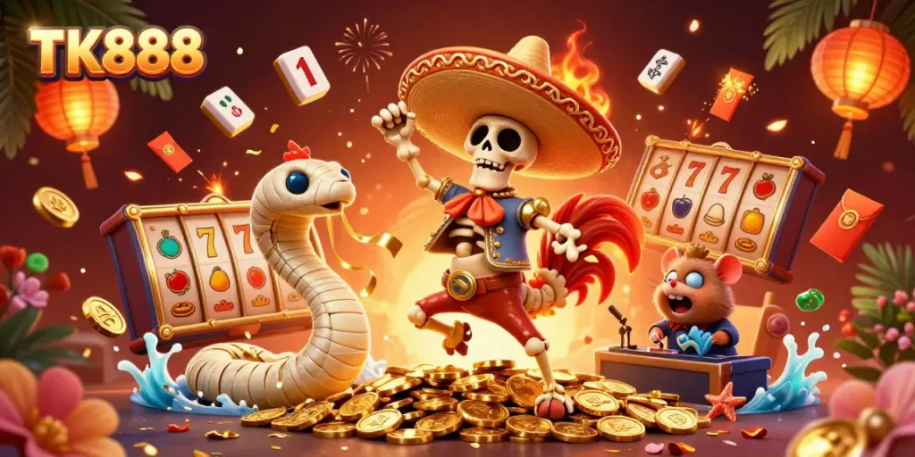 Experience the excitement of winning at TK888 with vibrant casino characters celebrating around golden coins.