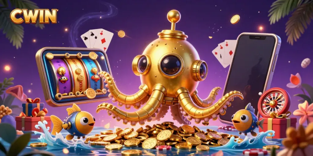 CWIN offers players an immersive jackpot experience with a vibrant underwater scene filled with golden treasures.