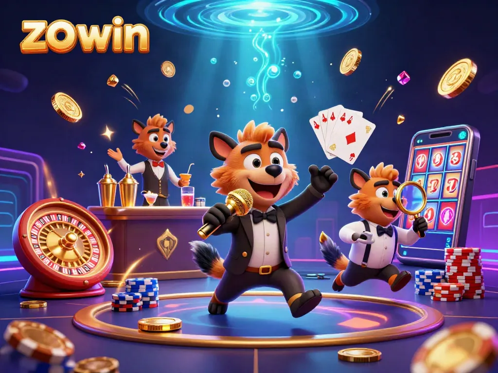 Join the fun at zo win's comedy casino with hyenas, gold coins, and roulette action!
