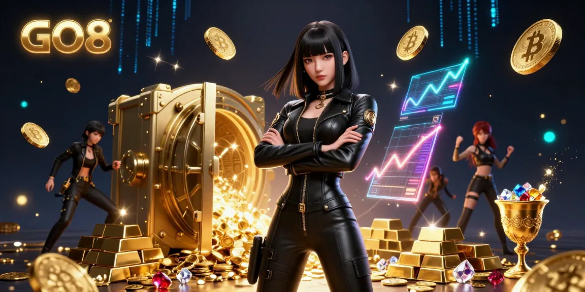 Experience the thrill of GO8 as golden vaults burst open, revealing rich gems and Bitcoin in this captivating casino scene.