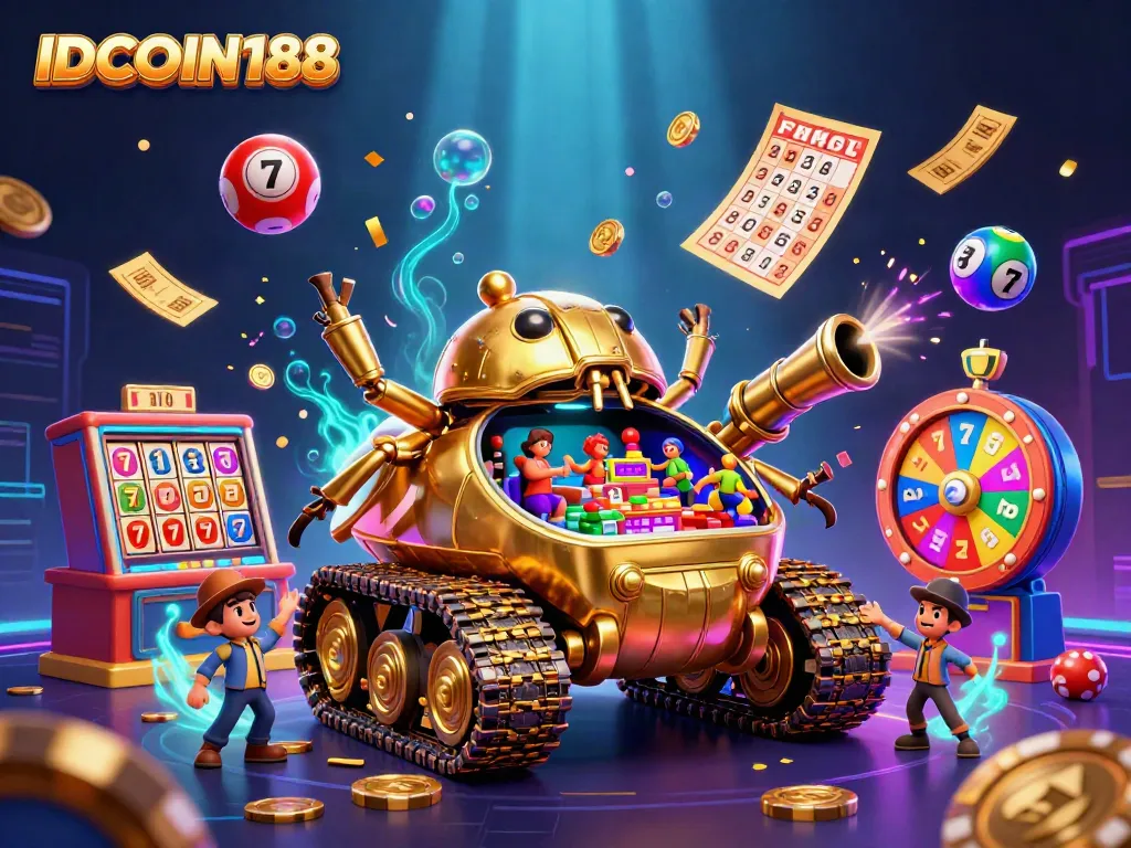 Experience the thrill of IDCOIN188 with a vibrant casino scene featuring dynamic slot elements and a golden beetle tank.