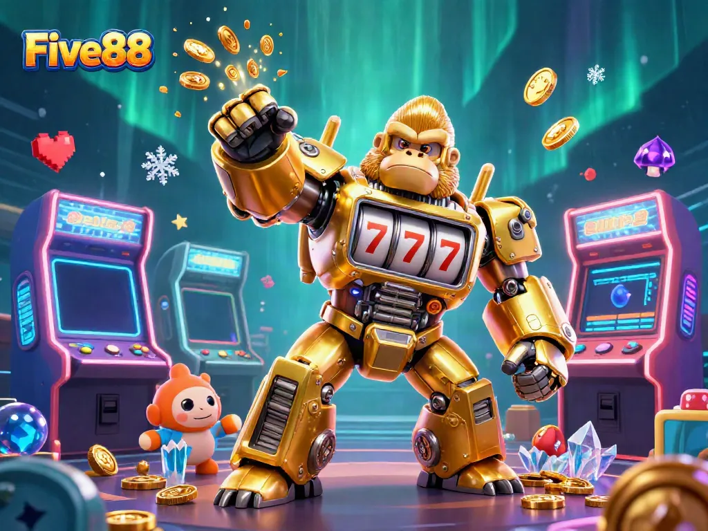 Experience the thrilling action of Five88 with a golden mech and vibrant casino elements.