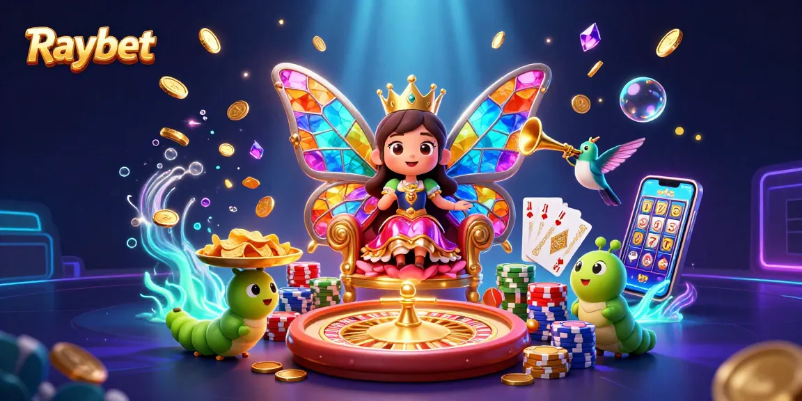 Win big at Raybet with vibrant 3D casino scene featuring a butterfly queen and exciting game elements.