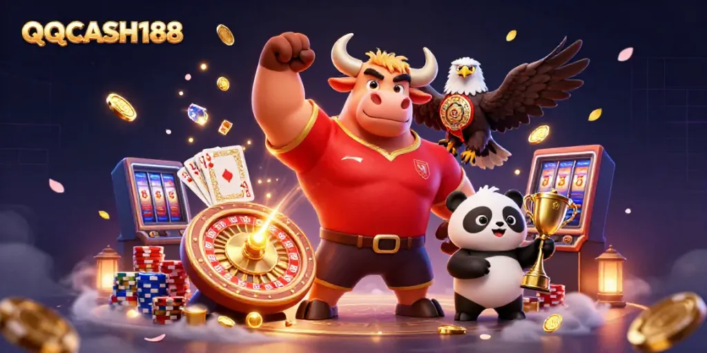 Experience thrilling gameplay at QQCASH188 with vibrant characters and casino elements in an exciting setting.