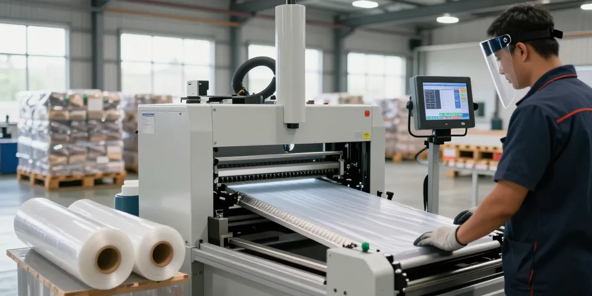 Shrink wrapping machine operational in an industrial setting, demonstrating efficiency and packaging precision.