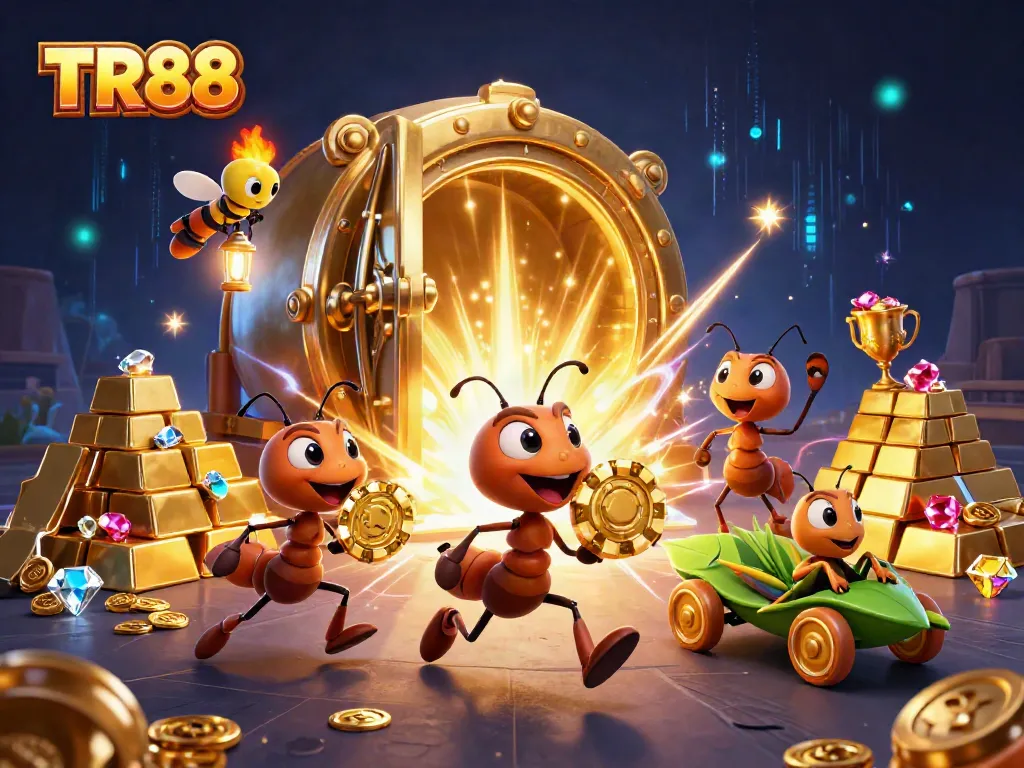 TR88 ants execute a golden poker chip heist in a vibrant casino world filled with treasures.