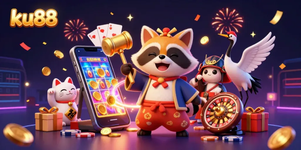Experience thrilling fun with ku88's vibrant casino scene featuring a lucky tanuki and fortune cats.