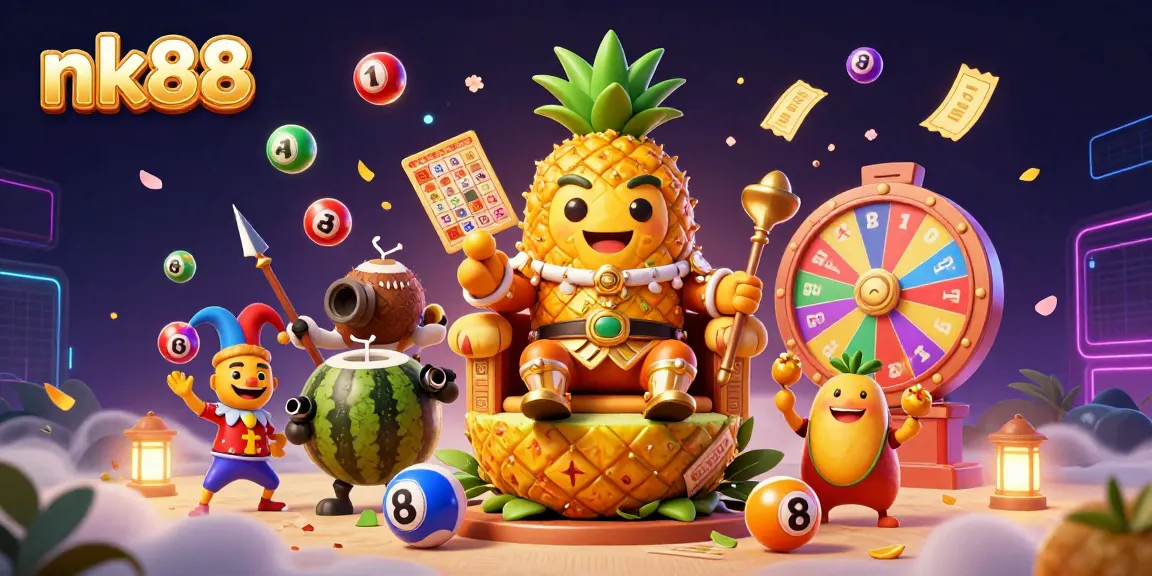 Participate in thrilling games at nk88, featuring the golden pineapple king and vibrant lottery elements.