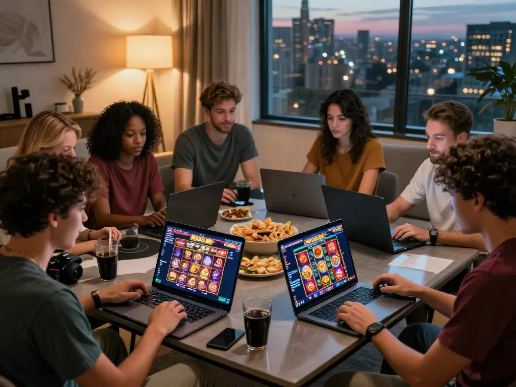 Friends enjoying online gaming on https://da88z.net/ in a cozy living room setting.