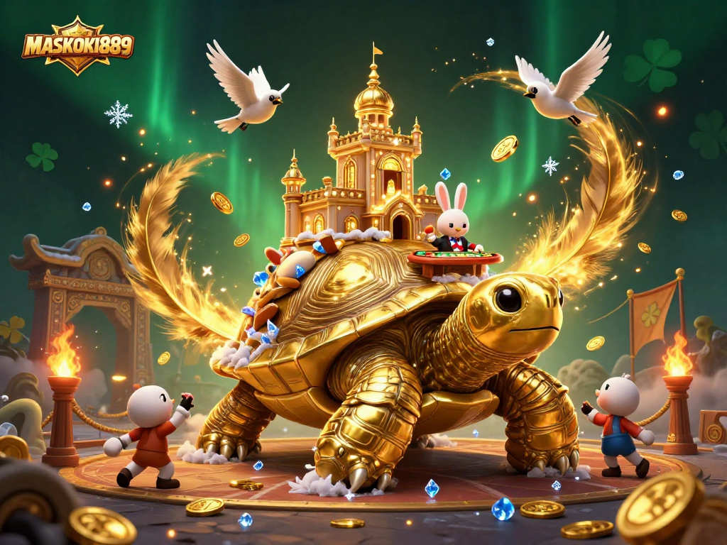 Experience thrilling gameplay with MASKOKI889 featuring a golden tortoise casino, rabbit dealer, and flying coins.