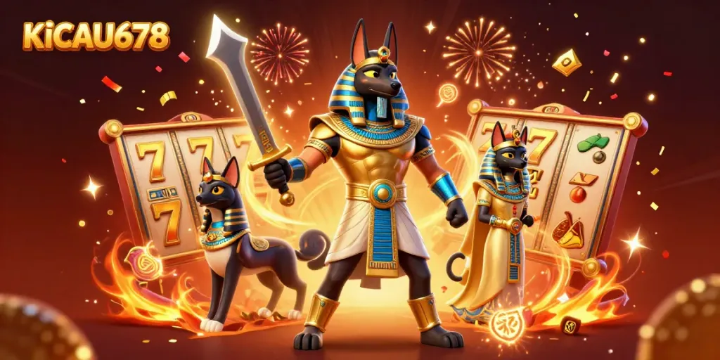 KICAU678 brings to life a dynamic online gambling scene with Anubis and Bastet, featuring animated slot reels and jackpot symbols.