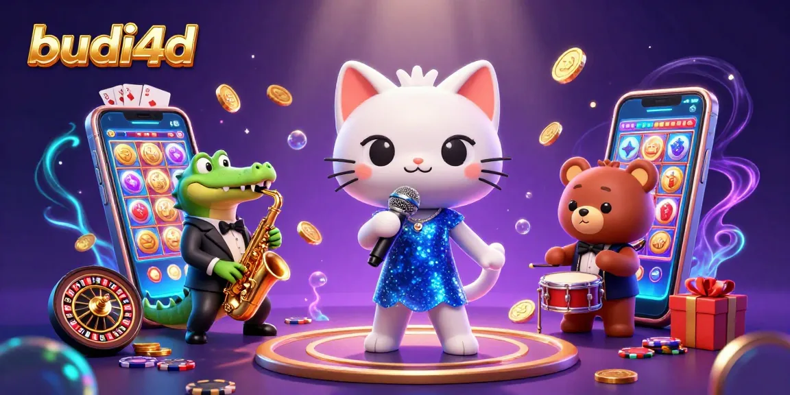 Engage in thrilling gameplay with budi4d's vibrant casino scene featuring a singing cat, a saxophone crocodile, and a drum-playing bear.