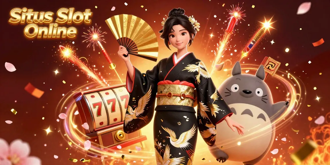 Experience the excitement at Situs Slot Online with vibrant slot reels and lucky 7s, encapsulated in a rich 3D digital illustration.