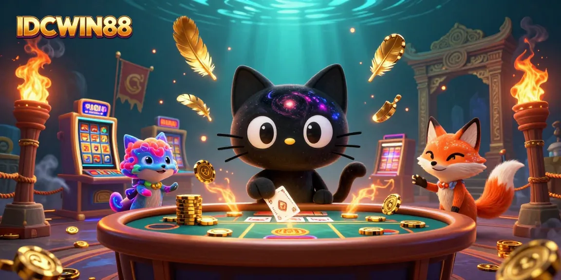 Spin slots with IDCWIN88 at an enchanting cosmic casino featuring a black hole cat and nebula fox.