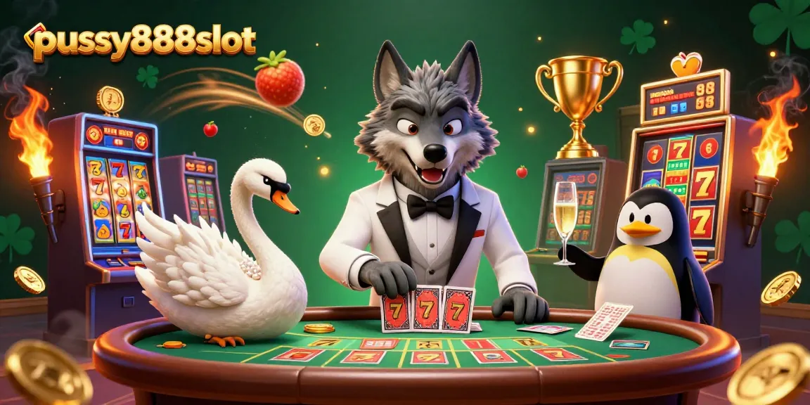 Spin to win at pussy888slot with an exciting illustration of a debonair wolf, elegant swan, and penguin, showcasing vibrant slot gaming.