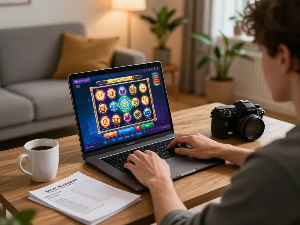 Player enjoying an engaging Slot Demo game on a laptop in a cozy living room setting.