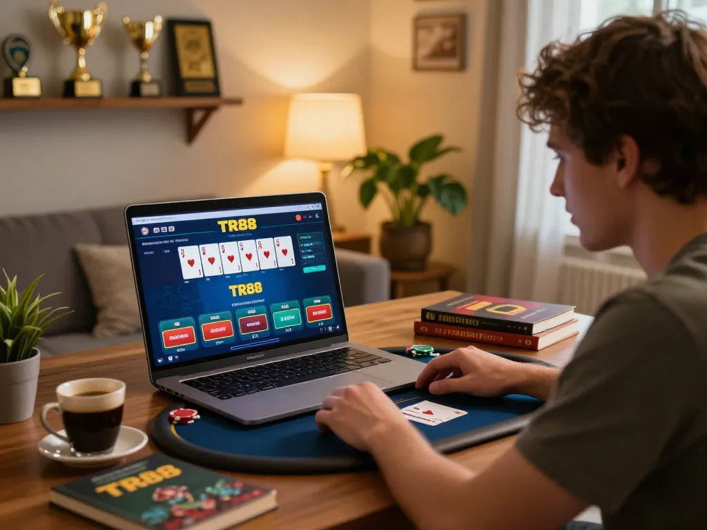 Engaged player exploring TR88 poker strategies at home with laptop interface and coffee.