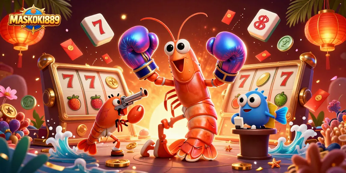 Engage and win big with MASKOKI889's vibrant online casino atmosphere illuminated by lucky symbols and gaming elements.