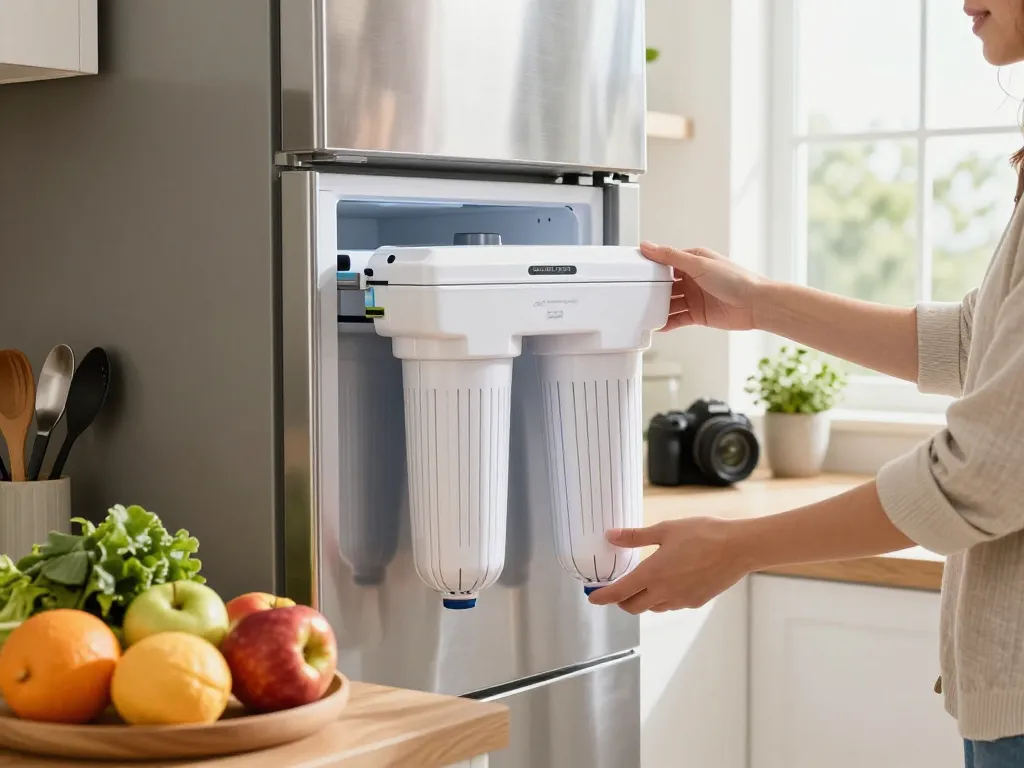 AQUA CREST 469690 ADQ36006101 Refrigerator Water Filter installation in a bright modern kitchen with fresh produce.