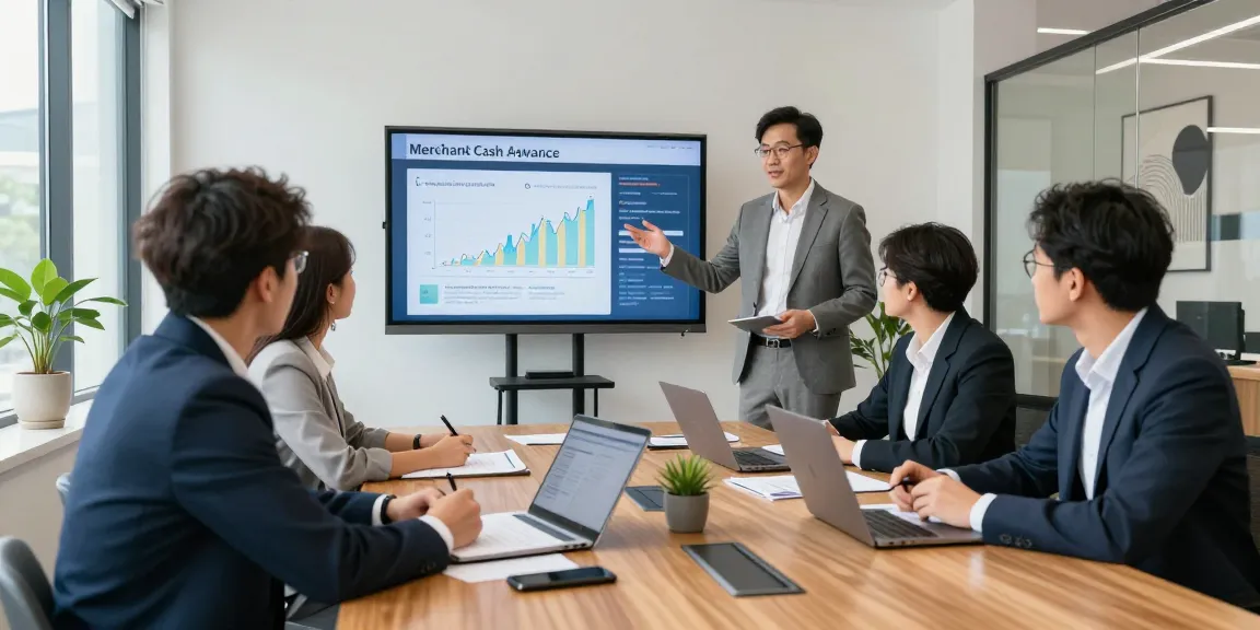 Discussing merchant cash advance london options in a modern office setting
